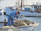 Du kan fortfarande få syn på de blå, autentiska fiskebåtarna i den moderna industrihamnen