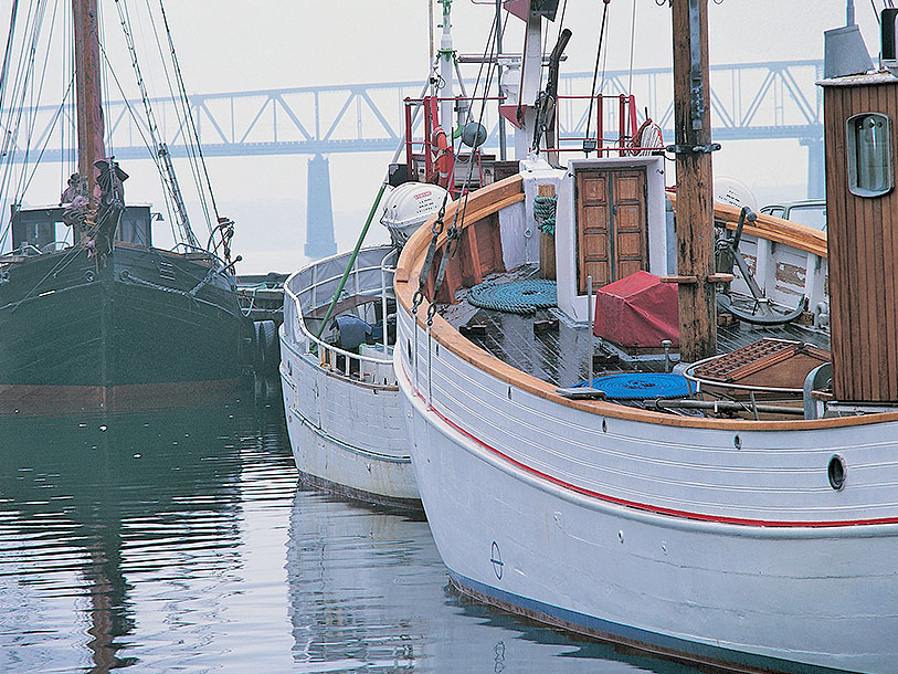 Hamnen i Middelfart där du också se de gamla fiskebåtarna lägga till