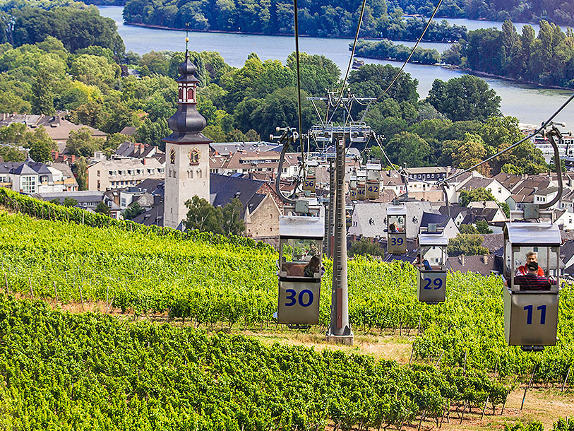 I kan tag Seilbahn Rüdesheim op til Niederwald-monumentet, som venter med spektakulær udsigt over floden