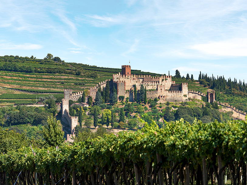 Dette syn vil møde jer på køreturen mod UNESCO-byen Vicenca: Det imponerende Castello Scaligero di Soave